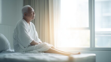 病室のベッドに座る高齢者男性