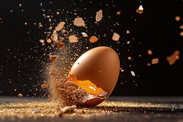 Exploding Egg with Shell Fragments and Yolk Splatter