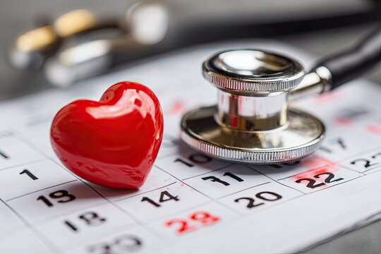 A red heart sits on a calendar next to a stethoscope. Medical, health, and appointment concept