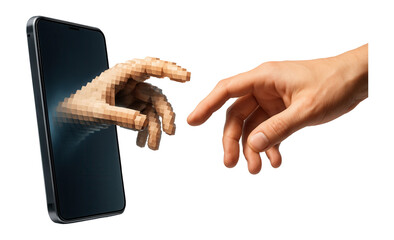 A pixelated hand extends from a smartphone screen, reaching towards a realistic human hand on transparent background.