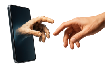 A pixelated hand extends from a smartphone screen, reaching towards a realistic human hand on transparent background.