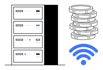 Data server rack, stack of coins symbolizing finance, bold blue wireless icon. Ideal for technology, connectivity, data storage, cloud computing, finance online transactions digital economy. Simple