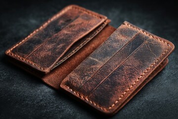 Classic leather wallet with a rustic design displayed on a dark surface with dramatic lighting
