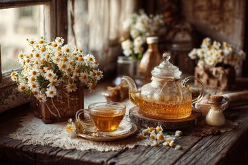 Fototapeta premium Warm herbal tea served in cozy setting with fresh daisies and rustic decor in afternoon light