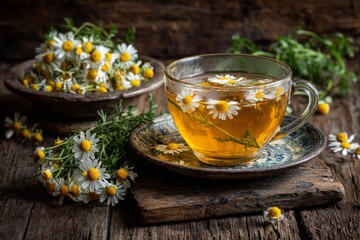 Fototapeta premium Chamomile tea with fresh flowers on a rustic wooden table, capturing a calming afternoon moment in nature