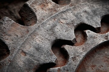 Rusty metal gear close-up showcasing intricate textures and weathered surfaces in an industrial setting