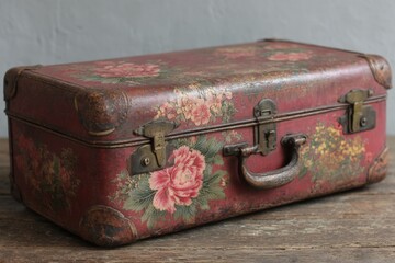 Vintage floral suitcase resting on a wooden surface in soft light