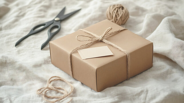 DIY handmade product mockup with kraft box and paper label on soft linen, scissors and string nearby.