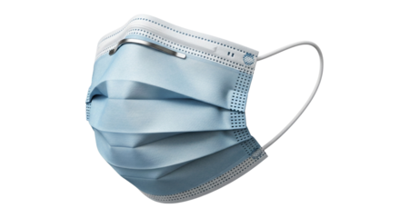 Blue disposable surgical face mask with metal nose clip and ear loops isolated PNG with Transparent Background