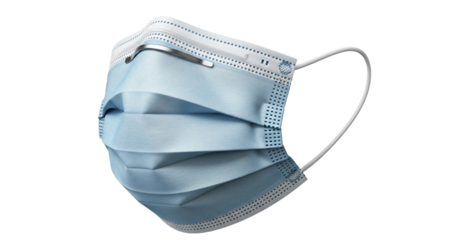 Blue disposable surgical face mask with metal nose clip and ear loops isolated PNG with Transparent Background
