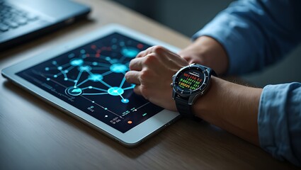 Person Wearing a Smartwatch While Interacting with a Digital Network and Data on a Tablet, Representing the Integration of Wearable Technology, Connectivity