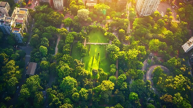 High-angle view of a lush park nestled amidst urban buildings. Sunlight highlights the green grass and trees