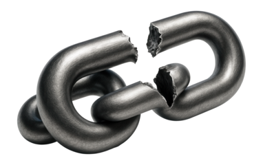 Close-up of a broken metal chain link symbolizing weakness or separation on transparent background.