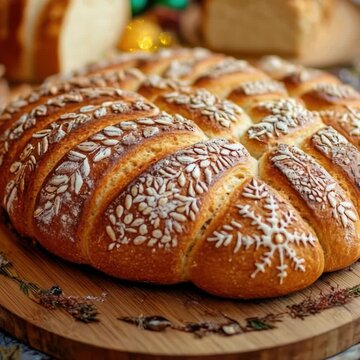 Fresh bread sitting on a rustic wooden cutting board, perfect for serving or photography