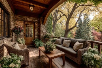 Fototapeta premium Cozy porch with comfortable seating and vibrant fall foliage in a peaceful neighborhood setting
