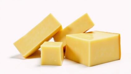 Isolated yellow cheese pieces on a white background