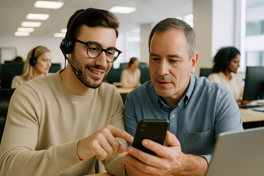Digital Collaboration in the Office: Two professional individuals, possibly colleagues, are engrossed in a digital discussion. One is holding a phone to show their content.