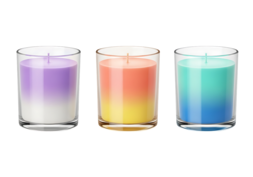 Three gradient candles in glass holders isolated on a transparent background purple white