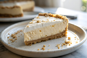 A close-up view of a delectable slice of cheesecake on a plate, tempting viewers with its creamy filling and golden crust. The slice of the cheesecake placed on a plate.