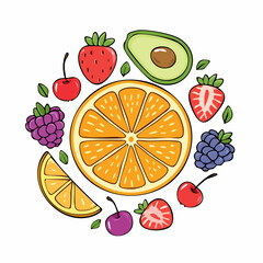 Vibrant medley: Cartoon-style fruits arranged around a juicy orange slice radiating freshness