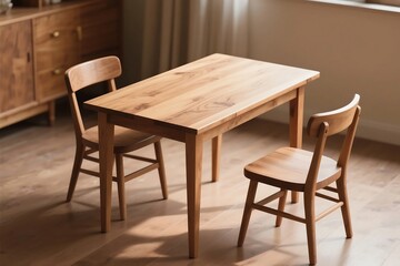 Wooden dining table and chairs in a cozy indoor setting