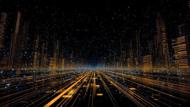 Digital city vista with glowing lines and particles