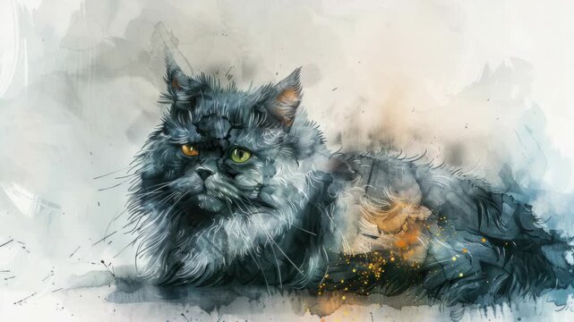 A domestic cat resting on the ground, with fur fluffed up