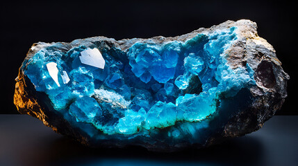 Blue crystal geode rough exterior bright blue crystalline interior dark background