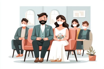 Obraz premium Couple exchanges vows in a small ceremony during a pandemic while guests observe with masks in a cozy venue