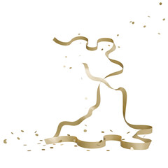 Abstract design, gold-toned, flowing shapes, resembling a stylized island or tree, dotted with small specks