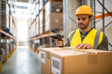 Warehouse Worker and Inventory Check: A focused worker in a high-visibility vest and hard hat meticulously scans a package barcode, navigating the organized aisles of a modern warehouse. 