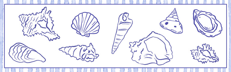 Whimsical coastal seashell summer collection with seaside mood, featuring scallop, oyster, spiral, clam and sea snail forms. Relaxed crayon sketch vector illustration for travel print.