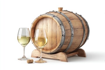 Wooden wine barrel and two glasses of pale yellow wine