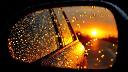 Golden sunset seen through a car mirror, frosted with water droplets