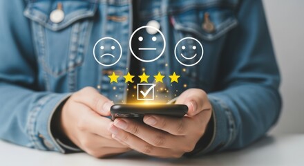 Customer satisfaction survey on smartphone with smiley ratings. Hands holding phone with glowing checkmark and yellow stars. Modern feedback and user experience evaluation concept.