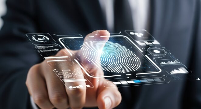 Futuristic fingerprint scanner with holographic UI. Modern biometric security technology in sleek close-up.
