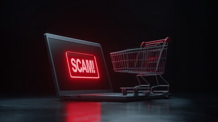A digital scene featuring a laptop displaying a red 'SCAM!' sign next to a shopping cart, symbolizing online shopping risks.
