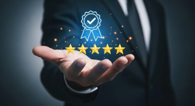 Digital blue ribbon award with golden stars. Professional recognition in modern hand-held presentation.