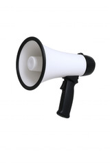 Modern White Megaphone with Black Handle and Rim, Isolated on Black for Communication and Announcement Concepts