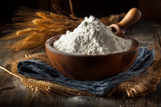 Freshly milled flour in a rustic wooden bowl with wheat and burlap on a wooden table