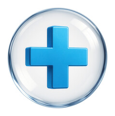 Fototapeta premium Blue medical cross symbol encased in a transparent circular bubble on transparent background.