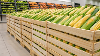 Corn is freshly harvested and arranged neatly in wooden crates on a market counter. Surrounding displays feature an array of colorful vegetables, enticing shoppers with their seasonal bounty