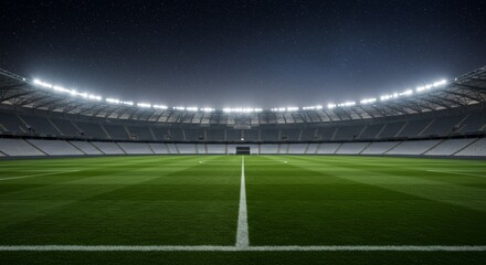 Fototapeta premium Empty Soccer Field Under Stadium Lights and Starry Night Sky in a Futuristic Arena