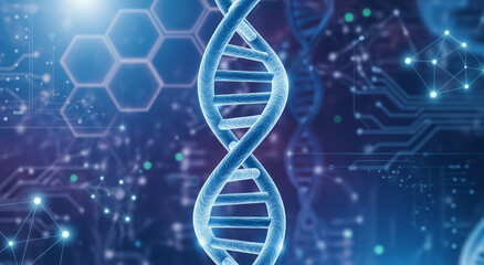 A digital abstract background featuring a detailed 3D render of a DNA strand in the center, with a glowing network of interconnected hexagonal and circuit board patterns in the background