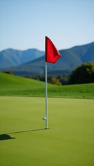 Obraz premium Image of a golf flag on a lush green course amidst rolling hills set against a clear blue sky