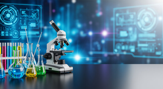 A vibrant, high-tech still life in a futuristic laboratory, featuring a microscope, beakers with colorful liquids, and a test tube rack against a blurred digital interface background. - Powered by Adobe