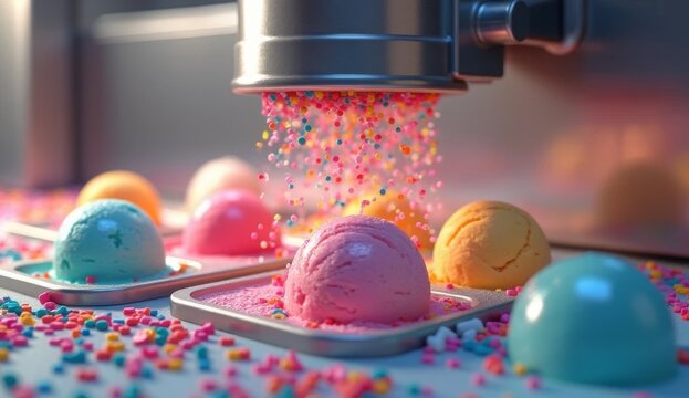Ice cream decoration process on a conveyor: colorful scoops in metal molds topped with rainbow sprinkles. Bright, appetizing, and technically precise