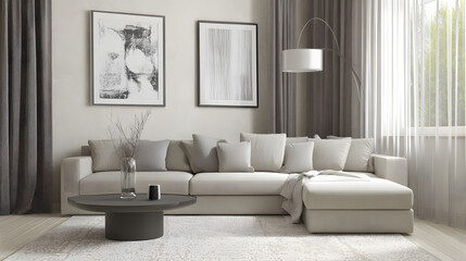 Scandinavian-inspired living space with neutral tones and abstract art, radiating modern comfort.