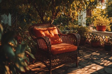 Cozy outdoor chair surrounded by plants in golden sunlight during late afternoon