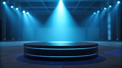 Empty black pedestal glowing under blue lab spotlight — futuristic product reveal concept
